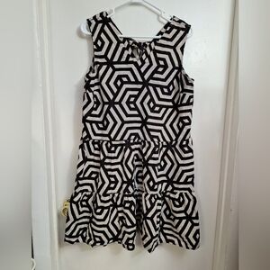 Esmara Womens V-Neck Sleeveless Graphic Geometric Linen Flare Mini Dress Tie Bow